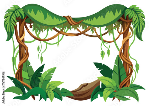 Jungle theme vector frame illustration with lush foliage and hanging vines for nature designs silhouette