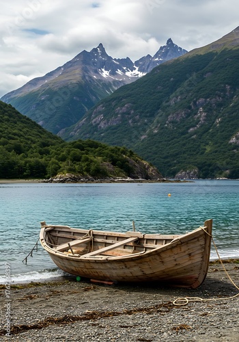Wooden Rowboat on a Sandy Shore with Majestic Mountains in the Background.