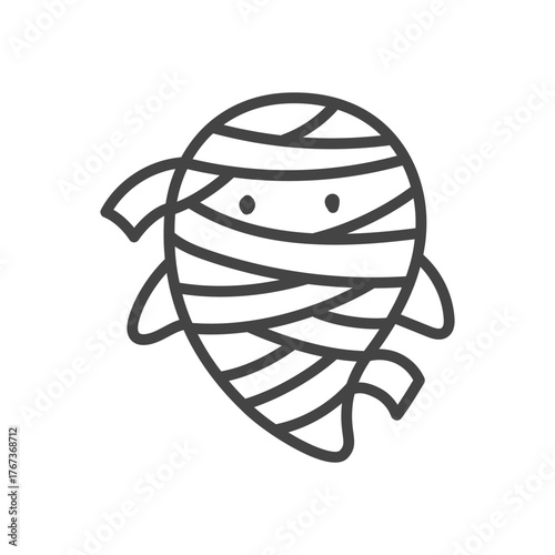 Cute mummy ghost icon. Funny spirit wrapped in bandages like a mummy. Monochrome doodle illustration isolated on white background. Kawaii halloween sticker. Vector 10 EPS.