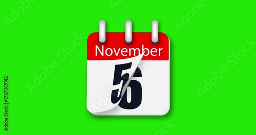 Calendar for November on green background, flipping through the days of the month. Pages fall out of the calendar. Animation of changing dates. Chroma key. 4k graphic movement