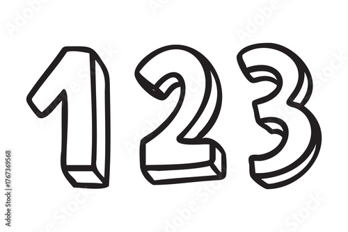 Hand drawn numbers 1 2 3, playful learning count, line art outline contour, monochrome, hand drawn