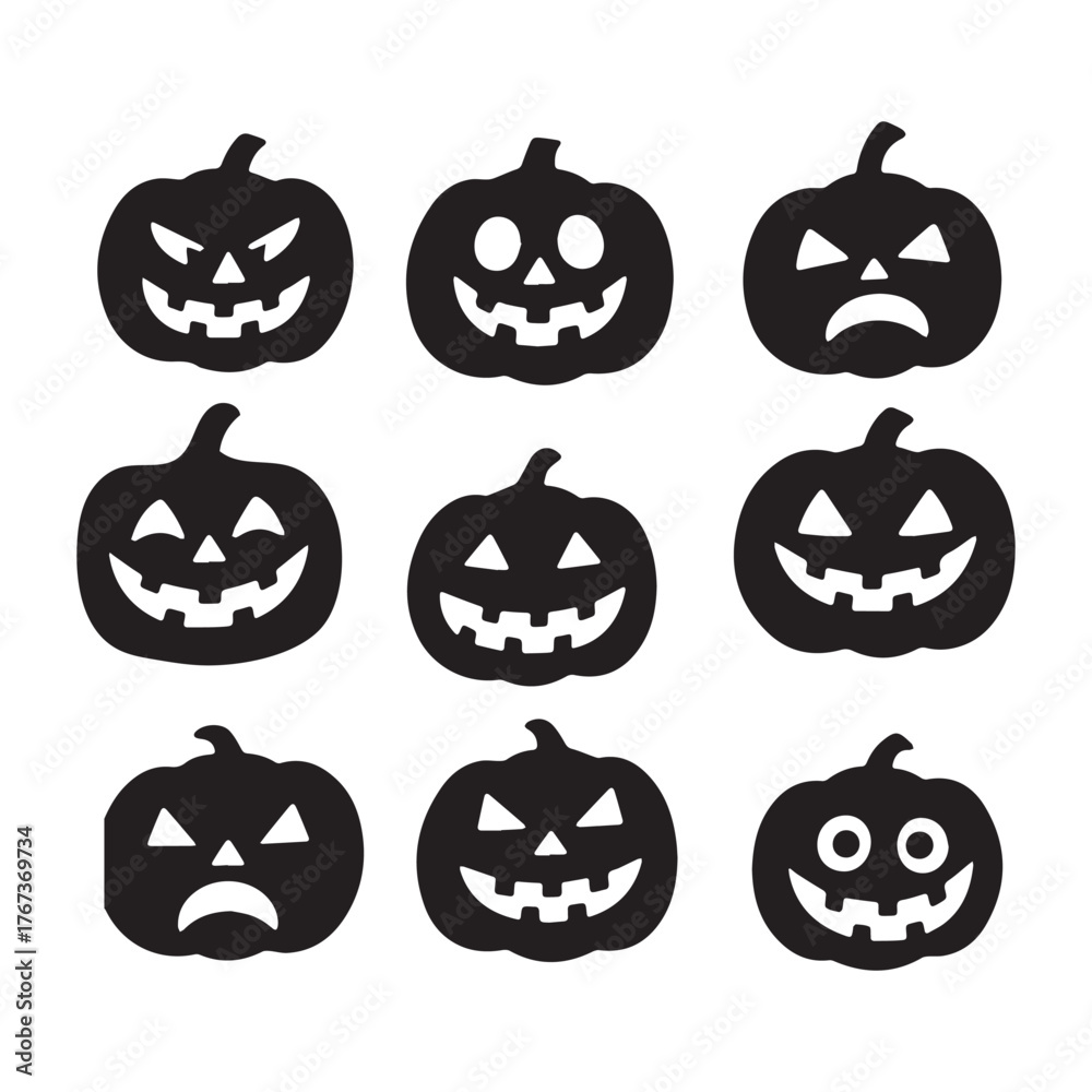 Obraz premium black Halloween pumpkin carving faces Silhouette on white background.