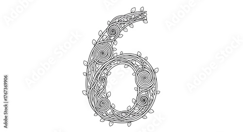 Intricate black and white illustration of the number six formed from delicate wirework and swirling patterns.