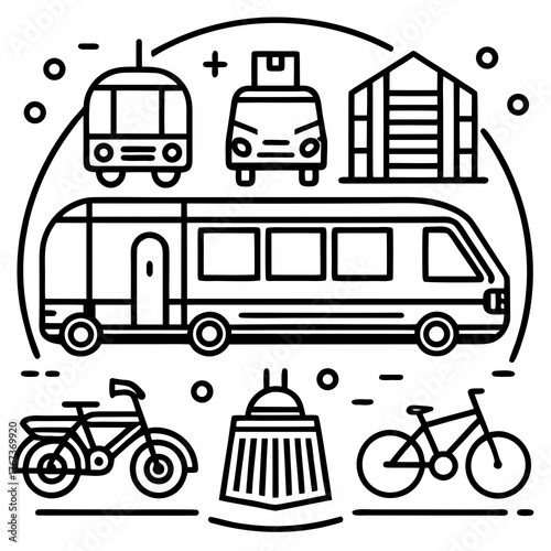 Public Transport System, City Mobility with Bus, Bicycle and Tram Illustration