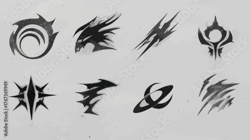 Collection of dynamic abstract black graphic elements, stylized mystical symbols, tribal-inspired icons, and fantasy power effects for digital design.