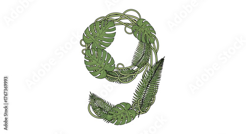 Number nine made of green leaves and vines on white background.