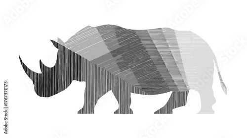 Abstract gray rhinoceros silhouette illustration with textured shading and modern linear stripes, graphic wildlife design element.