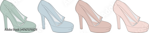 A colorful collection of elegant women's high-heeled platform pump shoes in various pastel shades, illustrating a choice in feminine fashion