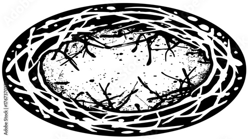 Abstract grunge oval frame, distressed black and white texture with artistic splatters and tangled lines, modern graphic design element.