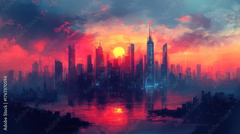 Naklejka premium Futuristic city sunset cityscape reflection