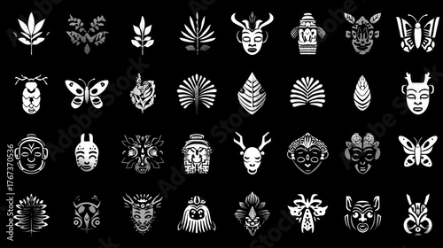 Diverse vector icon collection: abstract nature, tribal masks, mystical creatures, plants, insects, and ornate symbols in black and white.