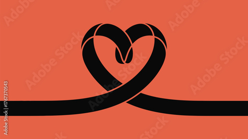 Elegant intertwined heart symbol crafted from black ribbon on a warm coral background, representing unity, connection, and enduring love in a modern design.