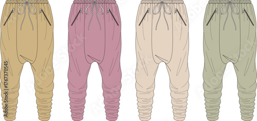 A colorful set of modern drop-crotch jogger pants shown as a flat technical fashion sketch. Vector illustration template for apparel and clothing design