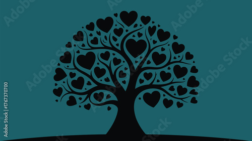 Stunning abstract tree silhouette adorned with numerous black heart shapes on a calming teal background, symbolizing love and growth.