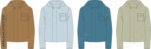 Collection of four stylish hooded jackets in different colors, showcasing modern apparel design and fashion trends