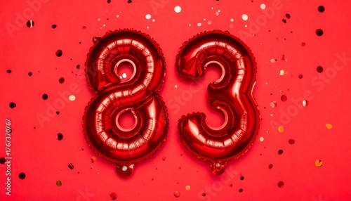 Red balloon number 83 with confetti on solid colored background. Photo for anniversary or birthday party