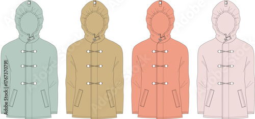 Modern vector illustration of diverse hooded duffle coats in a range of appealing colors, perfect for fashion design concepts, casual winter outerwear, and apparel graphics
