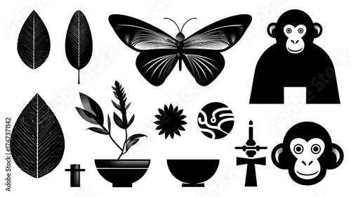 Nature and ancient symbol vector icon set with tropical leaves, butterfly, monkeys, potted plant, and abstract elements