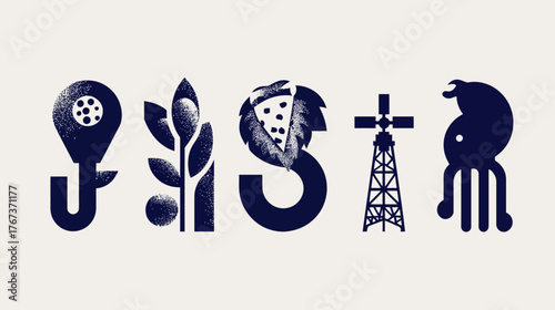 Stylized graphic icons blending agriculture, brewing, industry, and natural elements with abstract letterforms on a minimalist light background