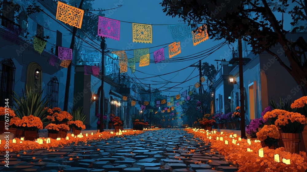 Obraz premium Day of the dead street celebration with candles and papel picado banners illustration