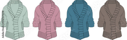 Four colorful knitted cardigans displayed in a row on a plain background, showcasing different hues of green, pink, blue, and brown
