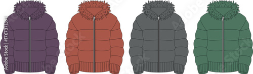 A collection of colorful winter puffer jackets with fur-trimmed hoods, presented as a vector illustration set