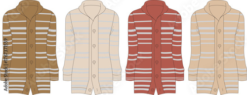 Set of four patterned knit cardigans with button closures in earthy tones and muted red