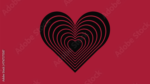 Stunning concentric black heart design against a vibrant crimson background, perfect for love, passion, and celebration themes.