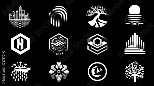 Collection of diverse abstract geometric black and white logos and minimalist design elements for modern branding, technology, and corporate identity