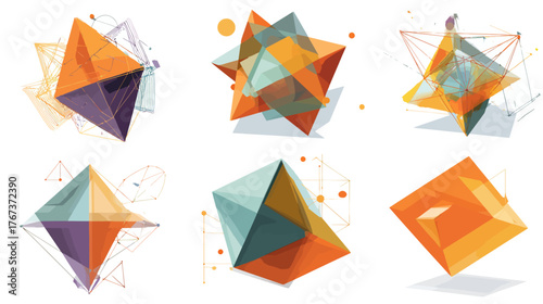 Vibrant Abstract Geometric 3D Polygonal Shapes Vector Set with Transparent Facets and Wireframe Elements for Modern Design and Technology