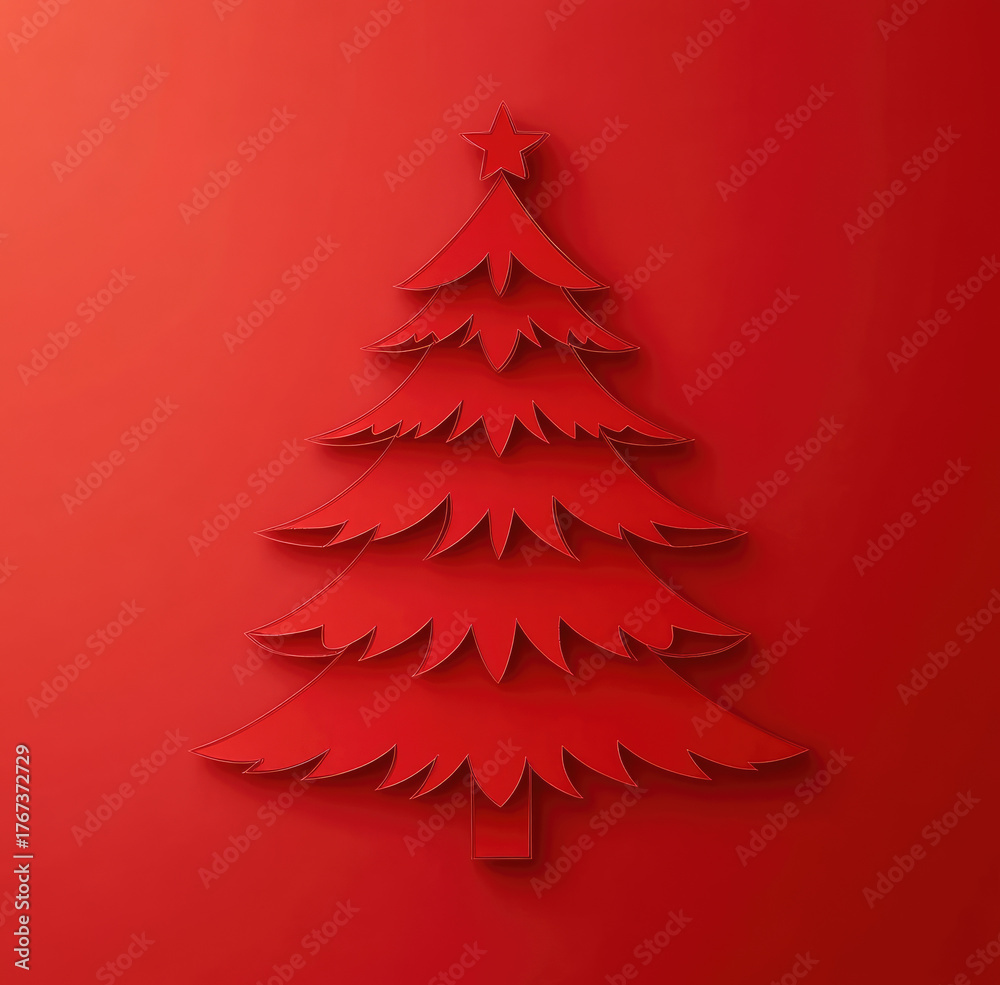 Obraz premium Christmas tree in paper cut style. Modern design on a red background. Christmas and New Year greeting card