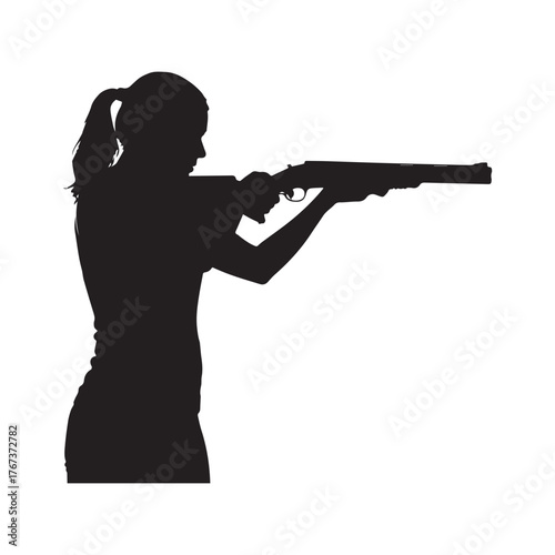  Sporting clays sport female player with ethnic tribal tattoo silhouette on white background. 