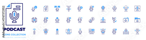 Podcast icon collection. Bold line style. Duotone colors. podcast, microphone, transcription, lick, scissors, voice control, download, remove, minus, follow