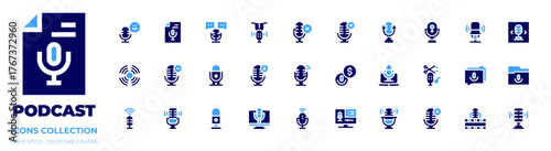 Podcast icon collection. Bold style. Duotone colors. podcast, microphone, transcription, lick, scissors, voice control, download, remove, minus, follow