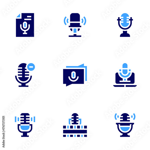 Podcast icon set. Bold style. Duotone colors. podcast, transcription, microphone, minus, chat, cinematographic