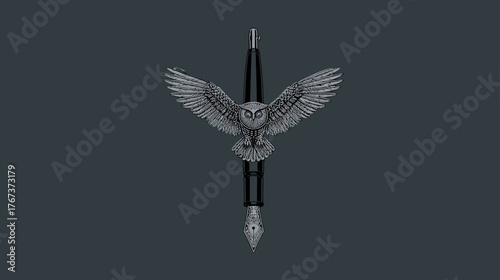 Majestic silver owl with spread wings perched on a classic writing pen, symbolizing wisdom, knowledge, and creative expression against a dark background.
