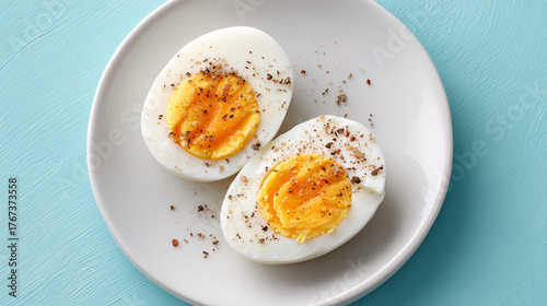 Simple Egg Delight: A close-up shot of two perfectly halved boiled eggs, delicately seasoned with pepper, arranged on a pristine white plate, offering a fresh, nutritious start to the day.