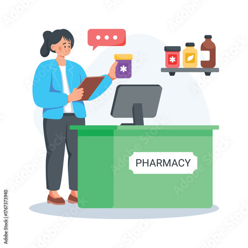 Flat illustration of pharmacist serving customer at pharmacy counter