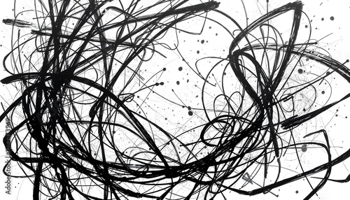 Abstract black ink lines and splatters create a dynamic and chaotic design on white background.
