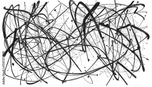 Abstract ink drawing featuring chaotic, overlapping lines and curves in black against a white background, creating a sense of movement and energy.