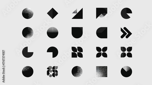 Abstract Geometric Black and White Shapes with Grain Texture Grid Pattern - Modern Minimalist Design Elements for Backgrounds and Graphics