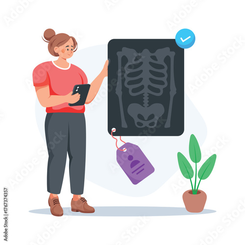 Illustration of female doctor analyzing X ray scan for medical diagnosis.