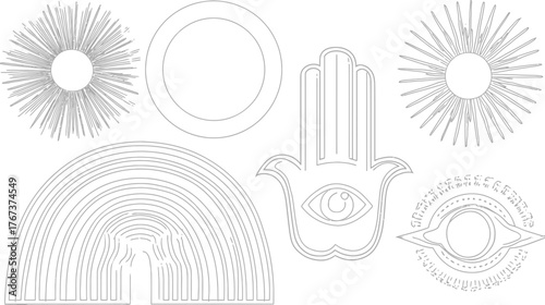 Mystic line art vector set with sunbursts, Hamsa hand, protective eye, and rainbow arc designs for spiritual and bohemian projects.