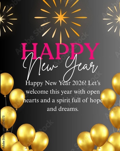 Elegant Black and Gold Happy New Year 2026 Greeting with Balloons 