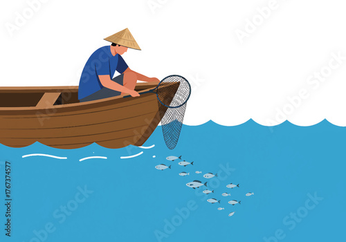 Fisherman scooping fish in a boat on the water illustration