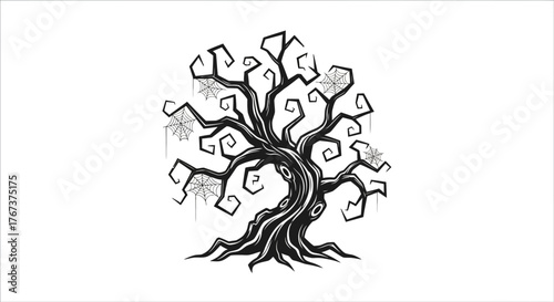Eerie Halloween Tree Silhouette with Spiderwebs in Minimalist Black and White Design