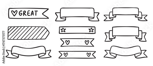 Folded ribbon banners for titles, planner labels, line art outline contour, monochrome, hand drawn