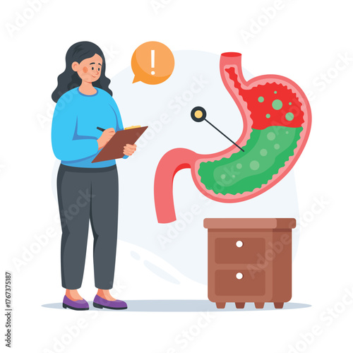 Illustration of a female doctor diagnosis gastric infection in patient