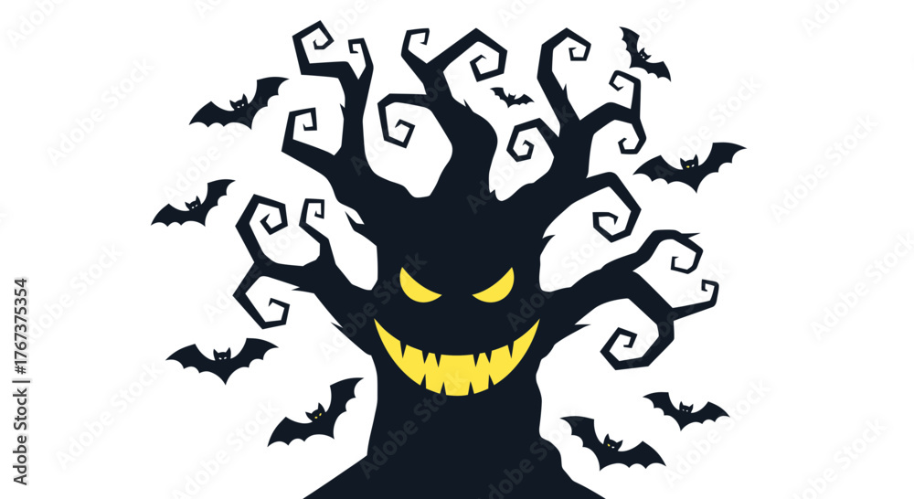 Fototapeta premium A spooky halloween illustration of an evil tree with bats flying around it in a scary scene