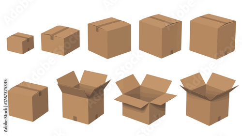 Set of Cardboard Boxes in Various Sizes and States of Assembly on White Background packaging